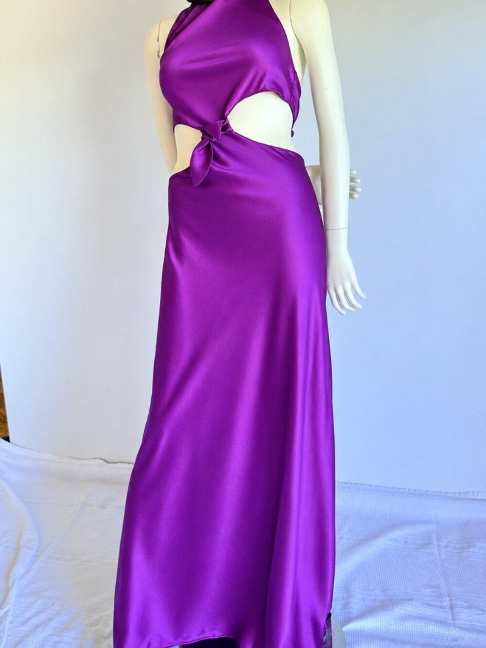 Magenta Satin Halter Cutout Maxi Dress